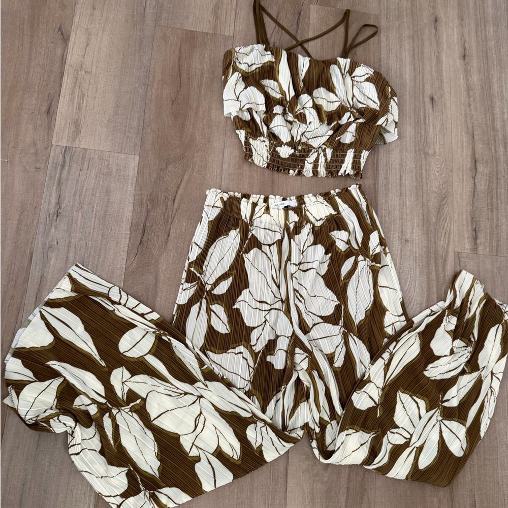 Nine West Brown and White Leaf Print Jumpsuit